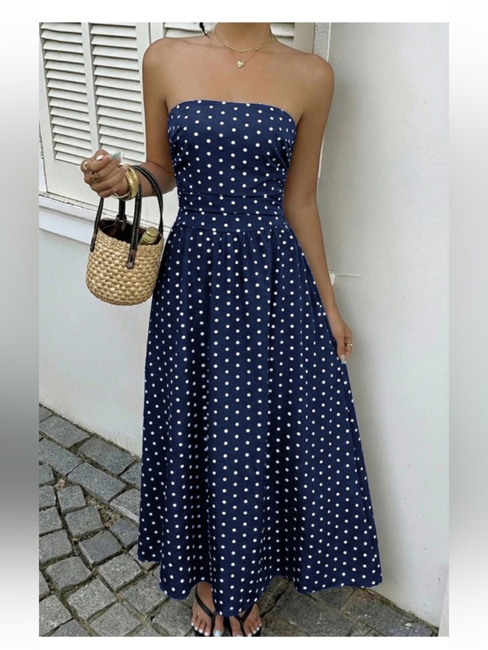 NWT Strapless Casual Polka Dot Navy Blue Maxi Dress - Picture 2 of 7